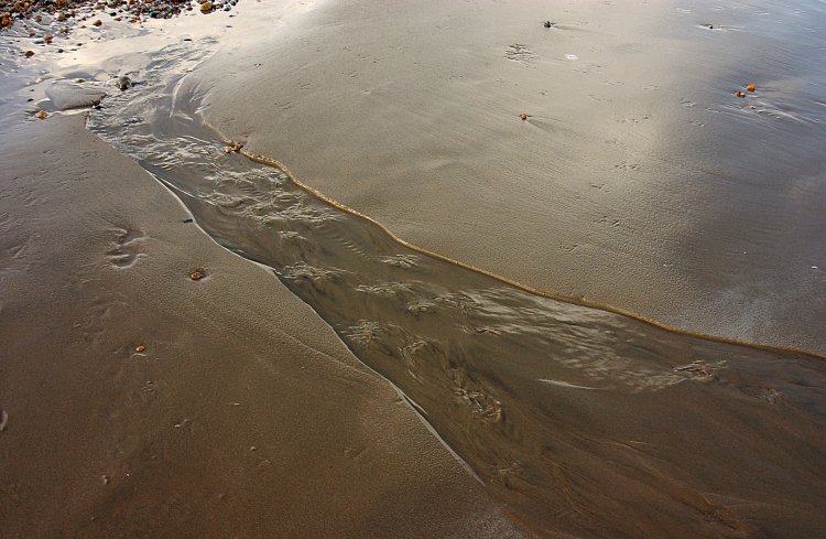 Water flowing through sand on Dungeness beach December 2006