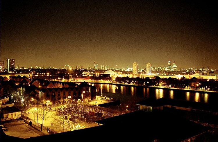 London skyline at night taken from a balcony in Surrey Quays Christmas Day 2004