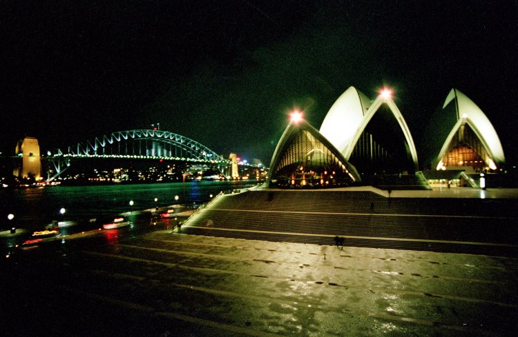 Sydney Harbour Bridge and Opera House at night January 2002